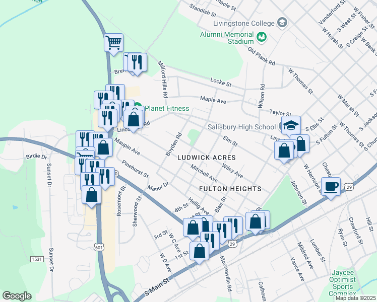 map of restaurants, bars, coffee shops, grocery stores, and more near 1212 Stanley Street in Salisbury