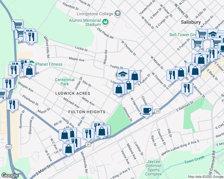 map of restaurants, bars, coffee shops, grocery stores, and more near 200 Ridge Avenue in Salisbury