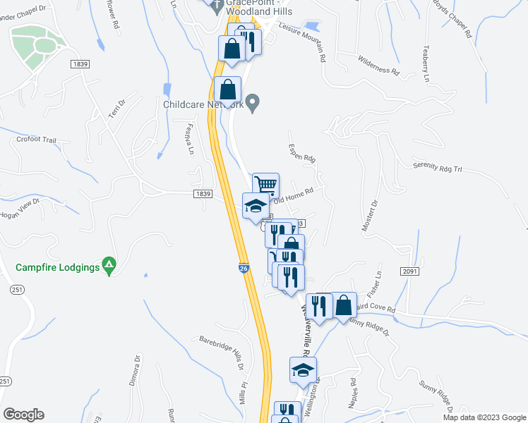 map of restaurants, bars, coffee shops, grocery stores, and more near 375 Weaverville Highway in Asheville