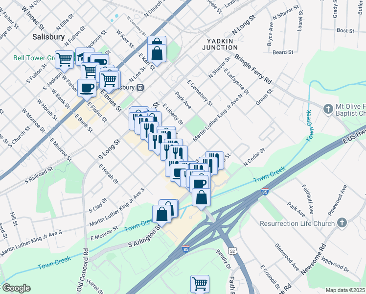 map of restaurants, bars, coffee shops, grocery stores, and more near 200 Martin Luther King Junior Avenue North in Salisbury