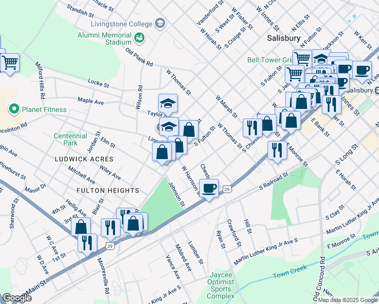 map of restaurants, bars, coffee shops, grocery stores, and more near 907 South Fulton Street in Salisbury