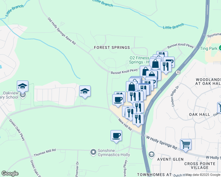 map of restaurants, bars, coffee shops, grocery stores, and more near 1501 Hendricks Hill Lane in Holly Springs