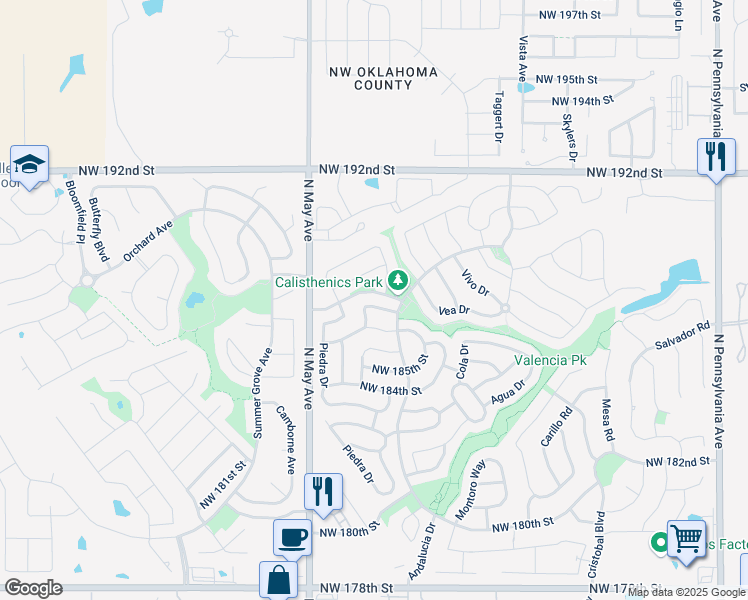 map of restaurants, bars, coffee shops, grocery stores, and more near 2721 Northwest 187th Terrace in Edmond