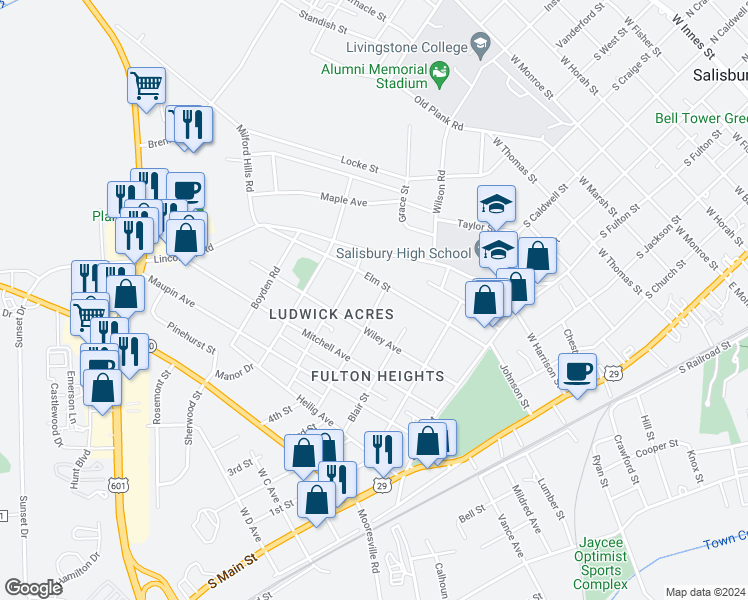 map of restaurants, bars, coffee shops, grocery stores, and more near 1118 Fries Street in Salisbury