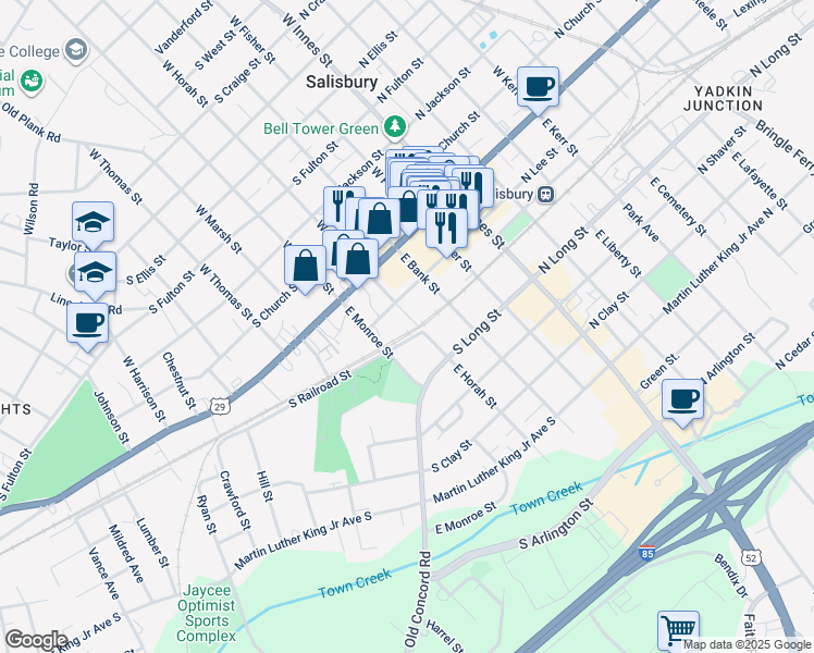 map of restaurants, bars, coffee shops, grocery stores, and more near East Horah Street in Salisbury