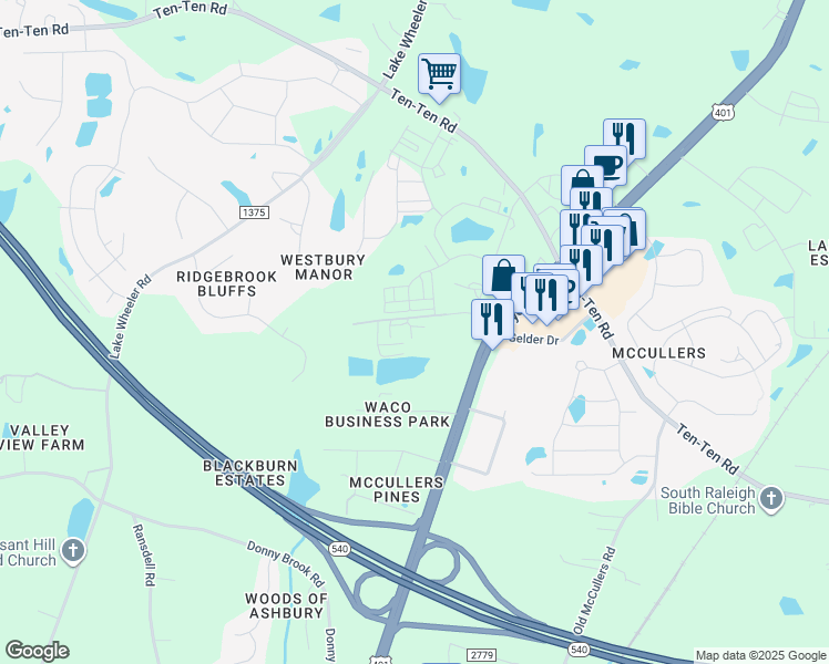 map of restaurants, bars, coffee shops, grocery stores, and more near 3813 Gelder Drive in Raleigh