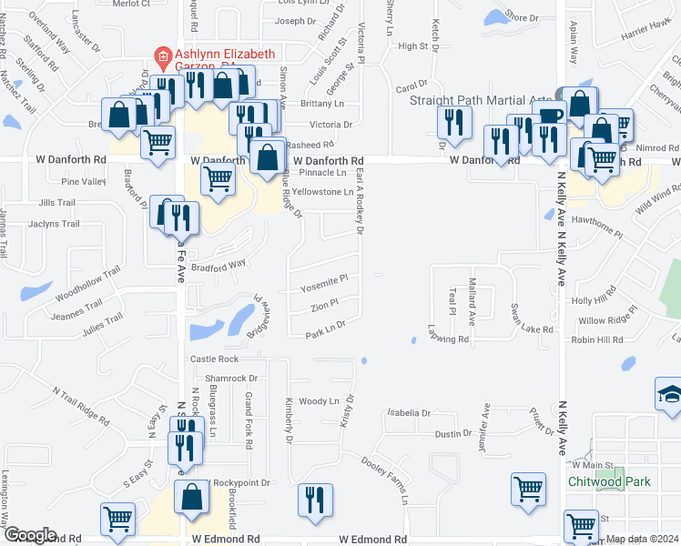map of restaurants, bars, coffee shops, grocery stores, and more near 1701 Yosemite Place in Edmond