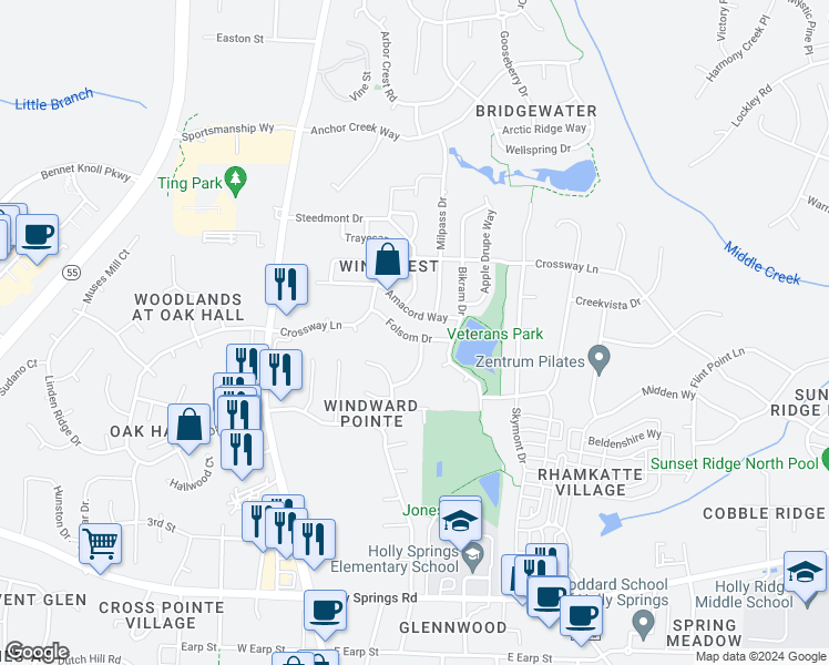 map of restaurants, bars, coffee shops, grocery stores, and more near 140 Folsom Drive in Holly Springs