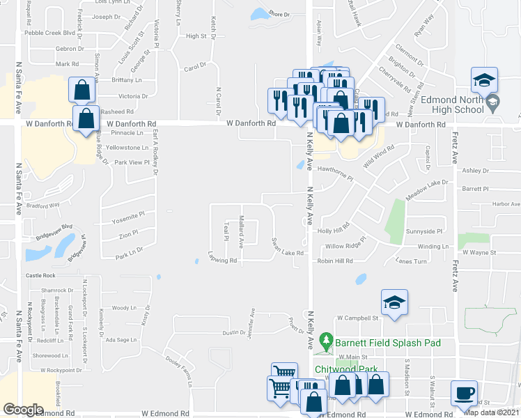 map of restaurants, bars, coffee shops, grocery stores, and more near 1106 Swan Lake Road in Edmond