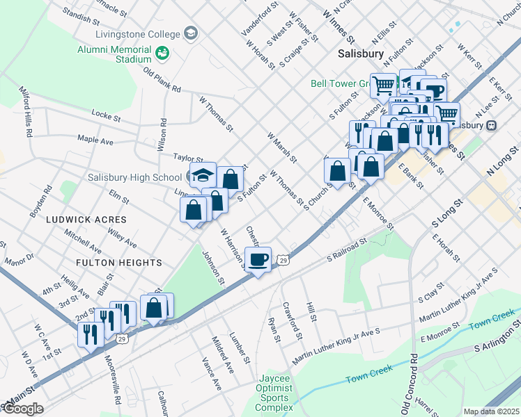 map of restaurants, bars, coffee shops, grocery stores, and more near 817 South Jackson Street in Salisbury