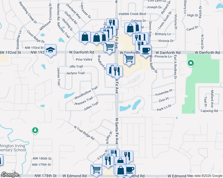 map of restaurants, bars, coffee shops, grocery stores, and more near 2316 Bradford Place in Edmond