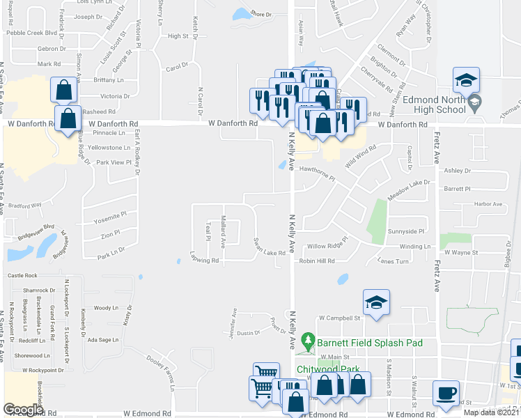 map of restaurants, bars, coffee shops, grocery stores, and more near 1010 Swan Lake Court in Edmond