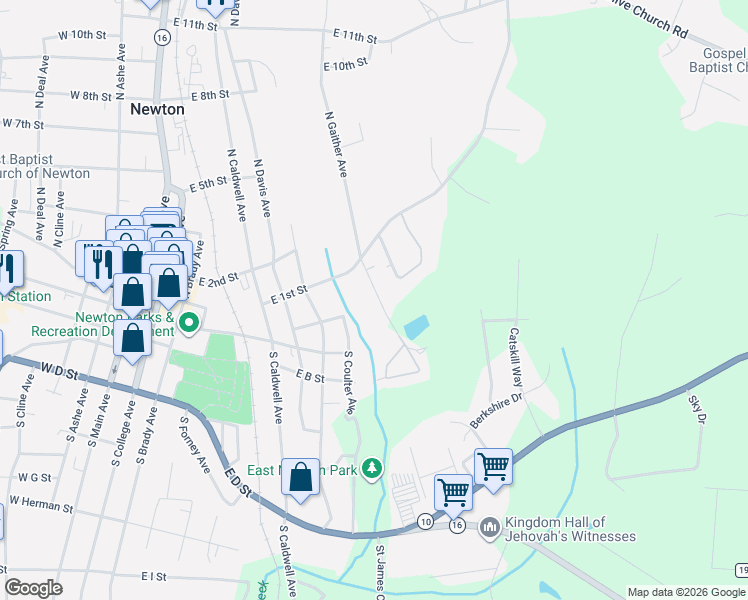 map of restaurants, bars, coffee shops, grocery stores, and more near 10 South Gaither Avenue in Newton