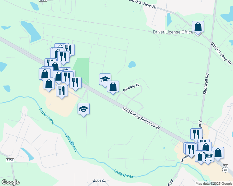 map of restaurants, bars, coffee shops, grocery stores, and more near Tew Court in Clayton