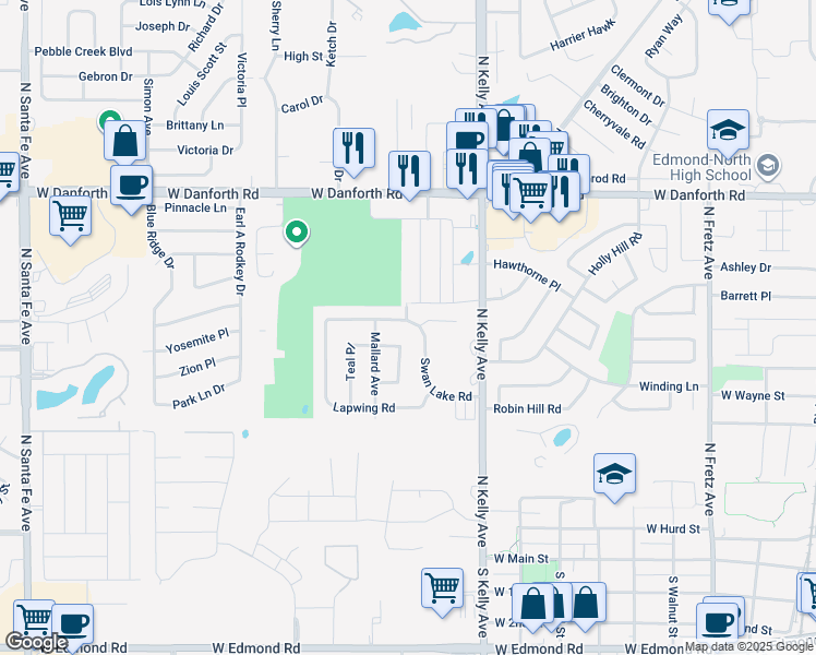 map of restaurants, bars, coffee shops, grocery stores, and more near 805 Swan Lake Road in Edmond