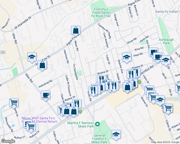 map of restaurants, bars, coffee shops, grocery stores, and more near 1263 Gallegos Lane in Santa Fe