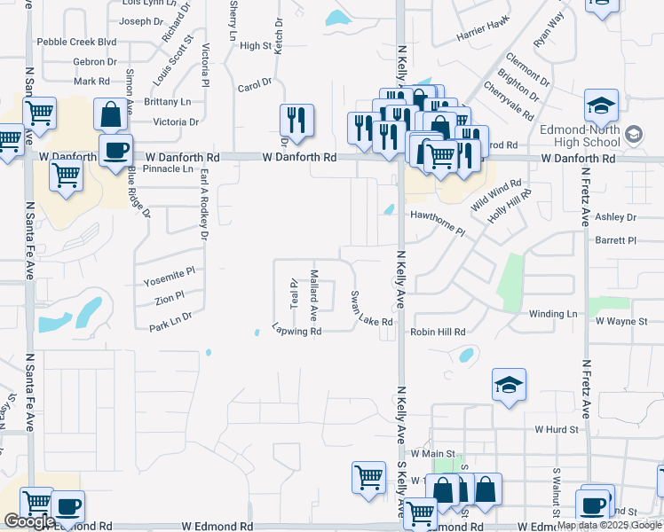 map of restaurants, bars, coffee shops, grocery stores, and more near 1110 Swan Lake Road in Edmond