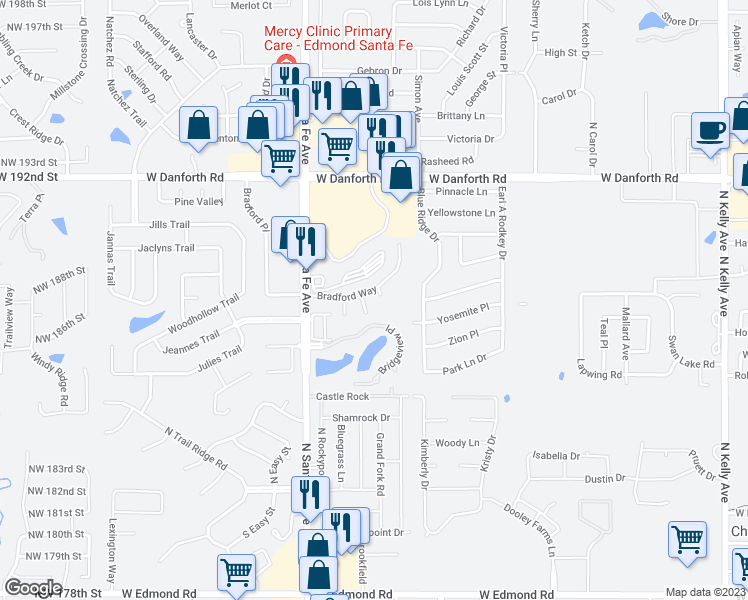 map of restaurants, bars, coffee shops, grocery stores, and more near 817 Hunter Place in Edmond