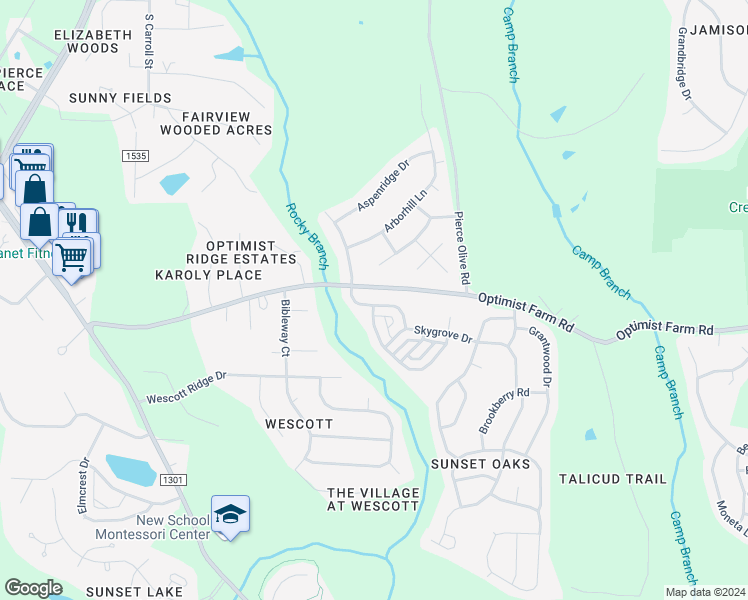 map of restaurants, bars, coffee shops, grocery stores, and more near 201 Thorndale Drive in Holly Springs