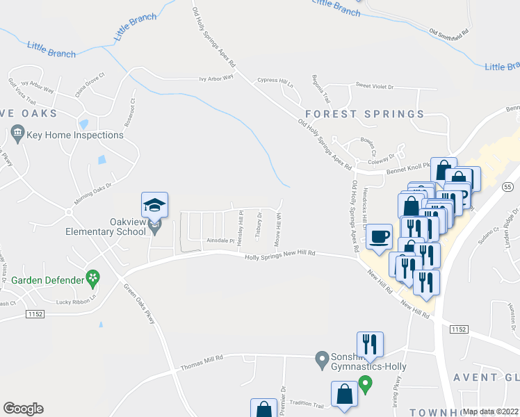 map of restaurants, bars, coffee shops, grocery stores, and more near 500 Moore Hill Way in Holly Springs