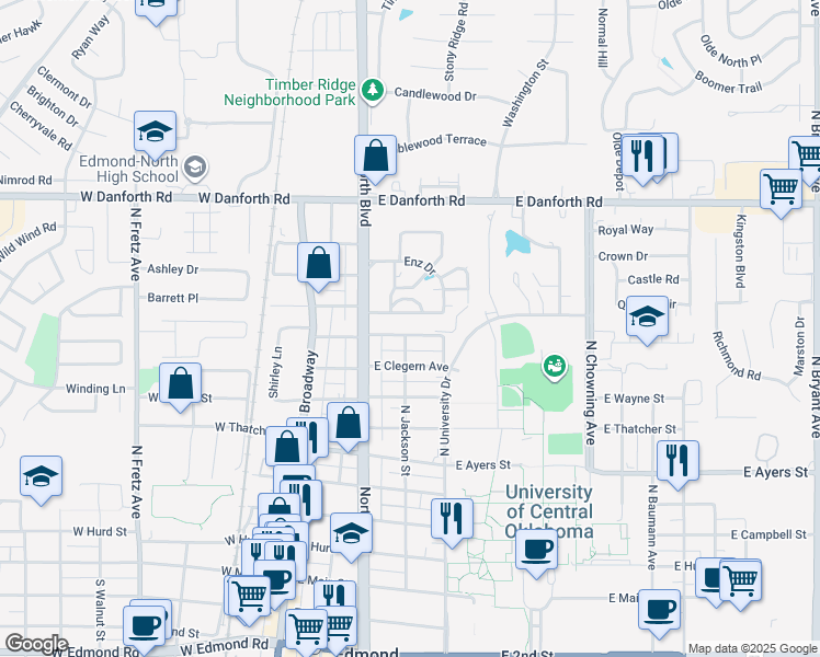 map of restaurants, bars, coffee shops, grocery stores, and more near 301 East Lincoln Avenue in Edmond