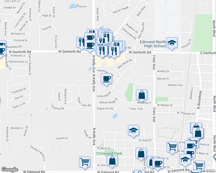 map of restaurants, bars, coffee shops, grocery stores, and more near 732 Red Oak Terrace in Edmond
