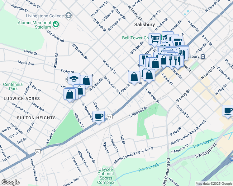 map of restaurants, bars, coffee shops, grocery stores, and more near 205 West Thomas Street in Salisbury
