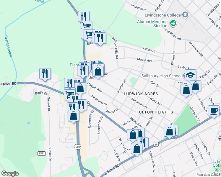 map of restaurants, bars, coffee shops, grocery stores, and more near 810 Mitchell Avenue in Salisbury