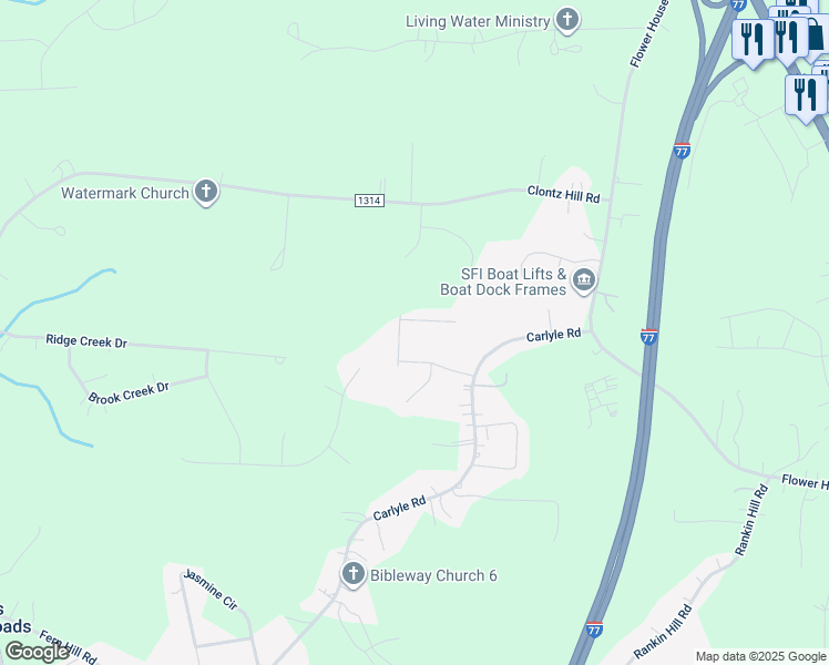 map of restaurants, bars, coffee shops, grocery stores, and more near 108 Loram Drive in Troutman