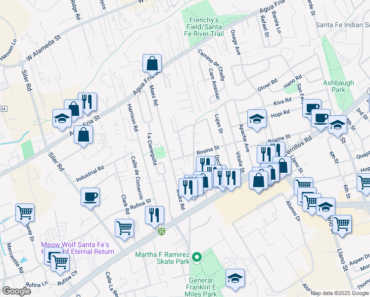 map of restaurants, bars, coffee shops, grocery stores, and more near 1256 Gallegos Lane in Santa Fe