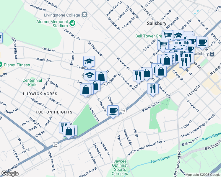 map of restaurants, bars, coffee shops, grocery stores, and more near 801 South Fulton Street in Salisbury