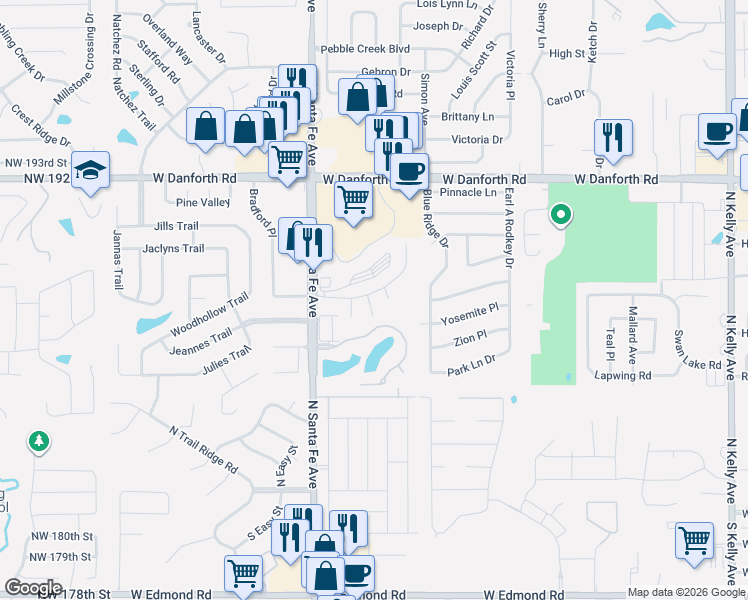 map of restaurants, bars, coffee shops, grocery stores, and more near 1000 North Santa Fe Avenue in Edmond
