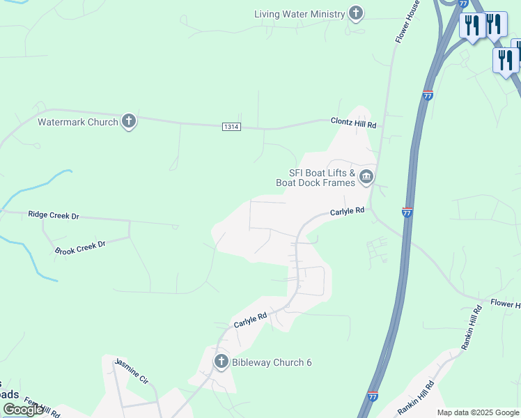 map of restaurants, bars, coffee shops, grocery stores, and more near 108 Loram Drive in Troutman