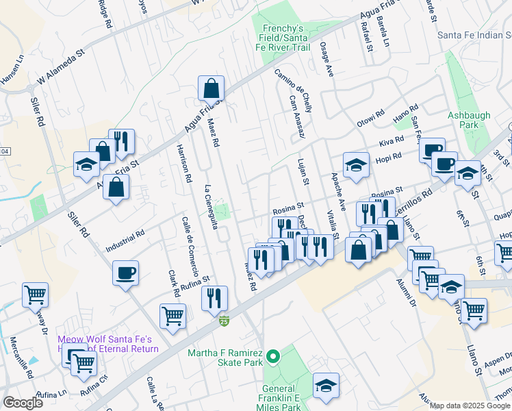 map of restaurants, bars, coffee shops, grocery stores, and more near 1254 Gallegos Lane in Santa Fe