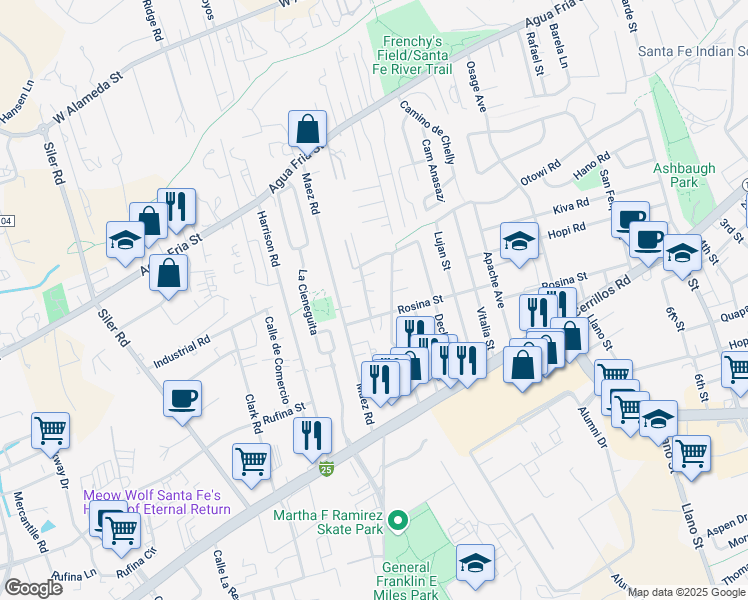 map of restaurants, bars, coffee shops, grocery stores, and more near 1254 Gallegos Lane in Santa Fe