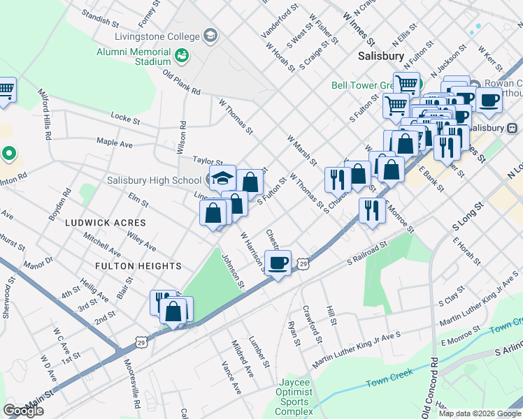 map of restaurants, bars, coffee shops, grocery stores, and more near 801 South Fulton Street in Salisbury