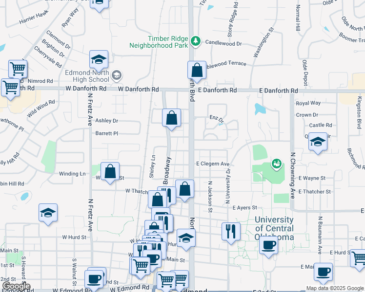 map of restaurants, bars, coffee shops, grocery stores, and more near 19 East Blanch Avenue in Edmond