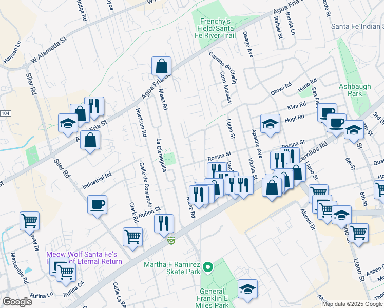 map of restaurants, bars, coffee shops, grocery stores, and more near 1259 Gallegos Lane in Santa Fe