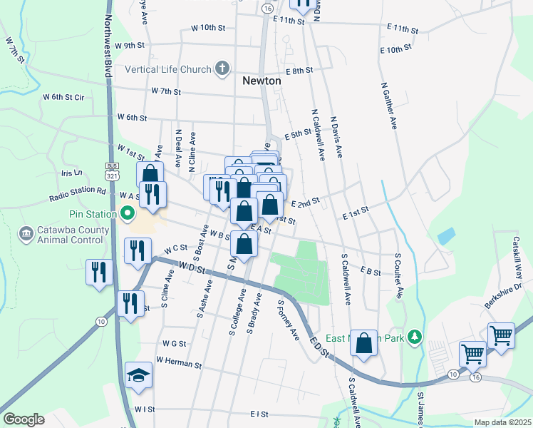 map of restaurants, bars, coffee shops, grocery stores, and more near 105 South College Avenue in Newton