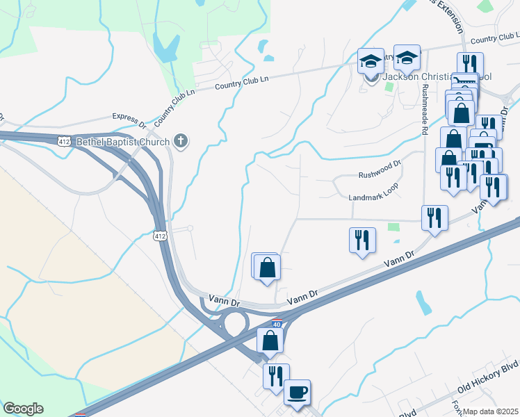 map of restaurants, bars, coffee shops, grocery stores, and more near 38 Emerson Drive in Jackson
