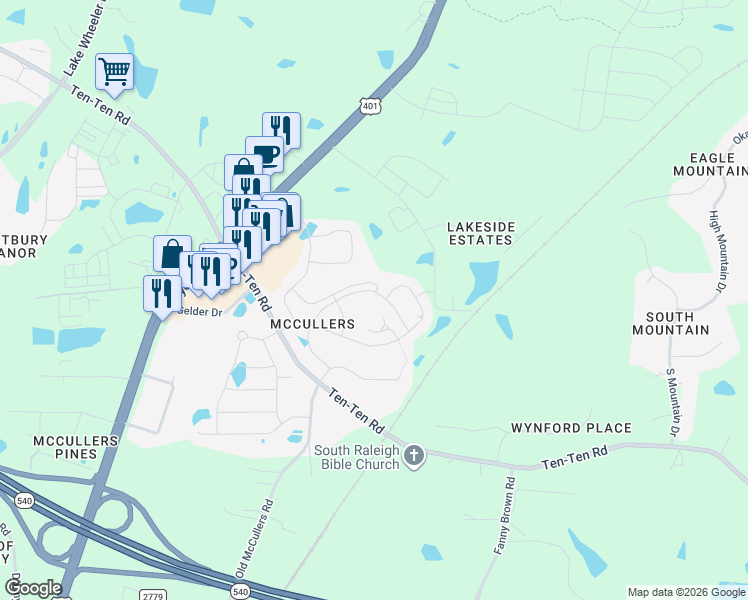 map of restaurants, bars, coffee shops, grocery stores, and more near 1125 Cozy Crest Drive in Raleigh