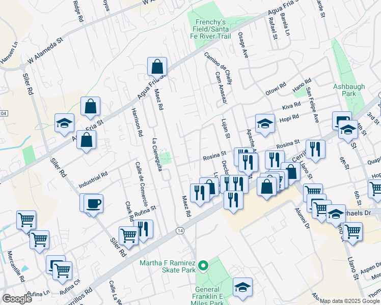 map of restaurants, bars, coffee shops, grocery stores, and more near 1250 Gallegos Lane in Santa Fe