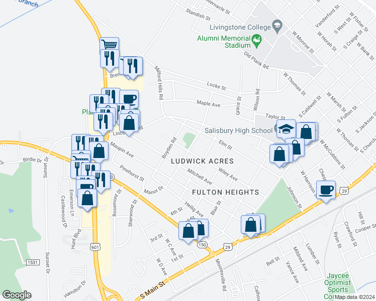 map of restaurants, bars, coffee shops, grocery stores, and more near 601 Wiley Avenue in Salisbury