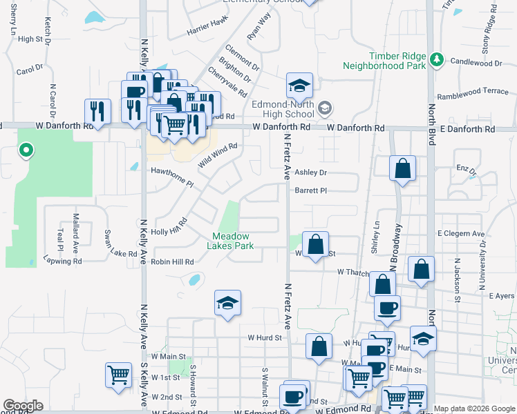 map of restaurants, bars, coffee shops, grocery stores, and more near 415 Meadow Lake Drive in Edmond