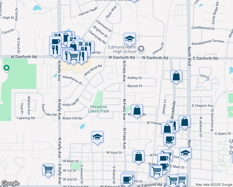map of restaurants, bars, coffee shops, grocery stores, and more near 821 Cedar Crest Drive in Edmond