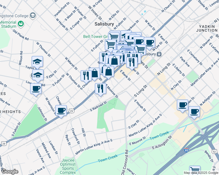 map of restaurants, bars, coffee shops, grocery stores, and more near 124 East Monroe Street in Salisbury