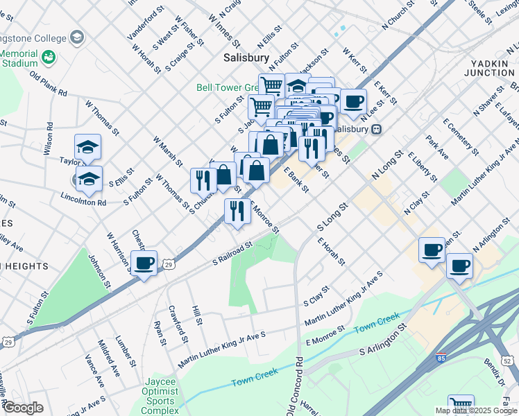 map of restaurants, bars, coffee shops, grocery stores, and more near 124 East Monroe Street in Salisbury