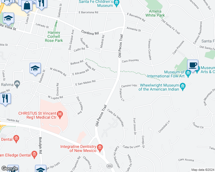 map of restaurants, bars, coffee shops, grocery stores, and more near 152 East San Mateo Road in Santa Fe