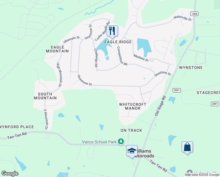 map of restaurants, bars, coffee shops, grocery stores, and more near 492 Seastone Street in Raleigh