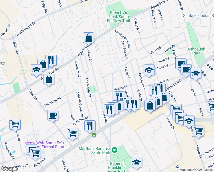 map of restaurants, bars, coffee shops, grocery stores, and more near 1259 Gallegos Lane in Santa Fe
